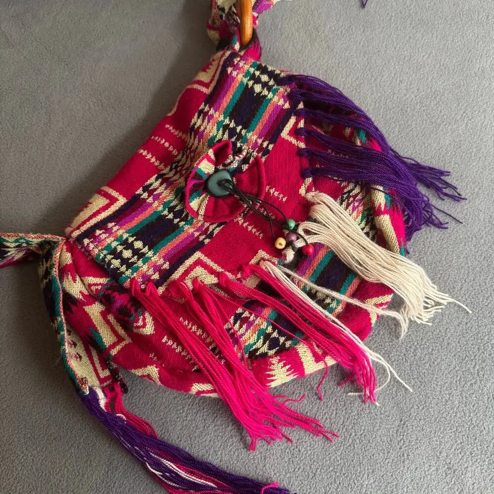 Handmade Artsy Boho Festival Fringe Crossbody Colorful‎ Bag Purse 100% Wool